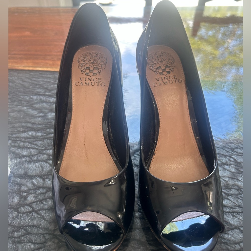 Vince Camuto open-toe heels, shiny black finish